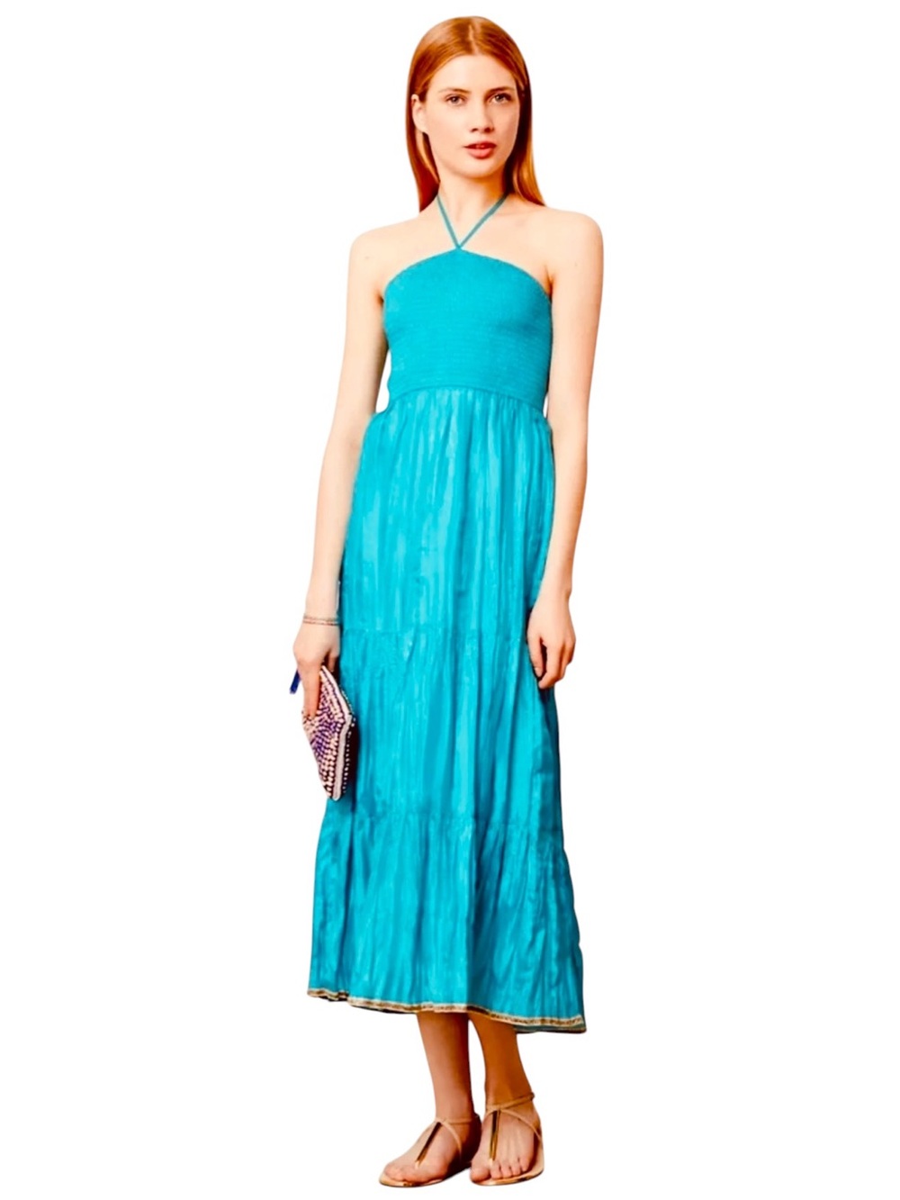Anthropologie MAEVE SILK DELEKA Turquoise Maxi Dress. Size Medium.